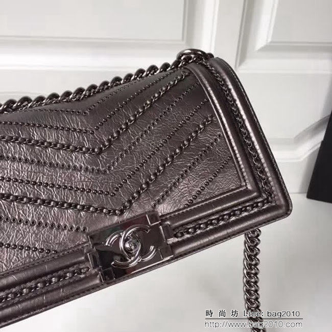 香奈兒CHANEL 銅灰色2018FW款皺紋小牛皮編織V線鏈條單肩斜挎包 DSC2111